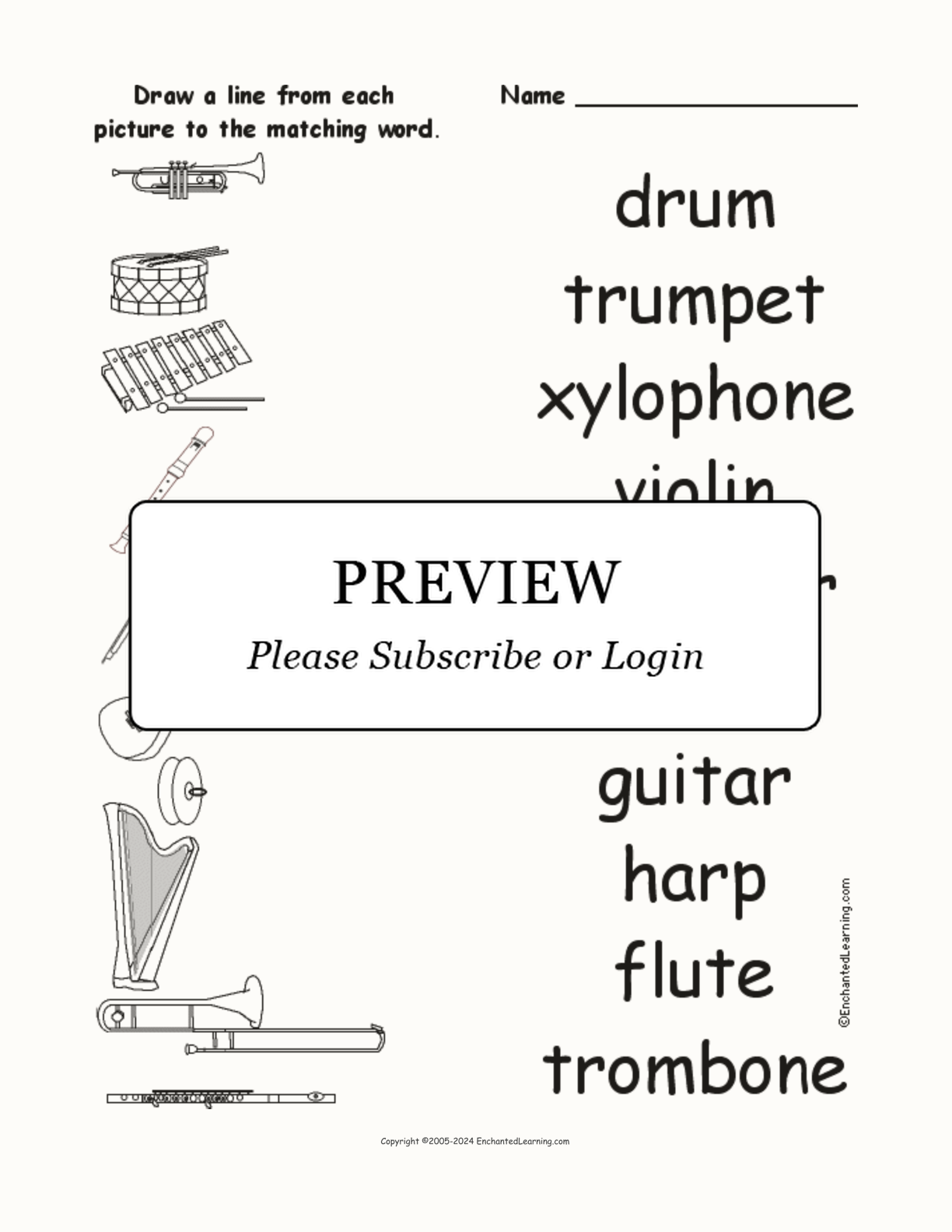 Match the Musical Instruments Words to the Pictures interactive worksheet page 1